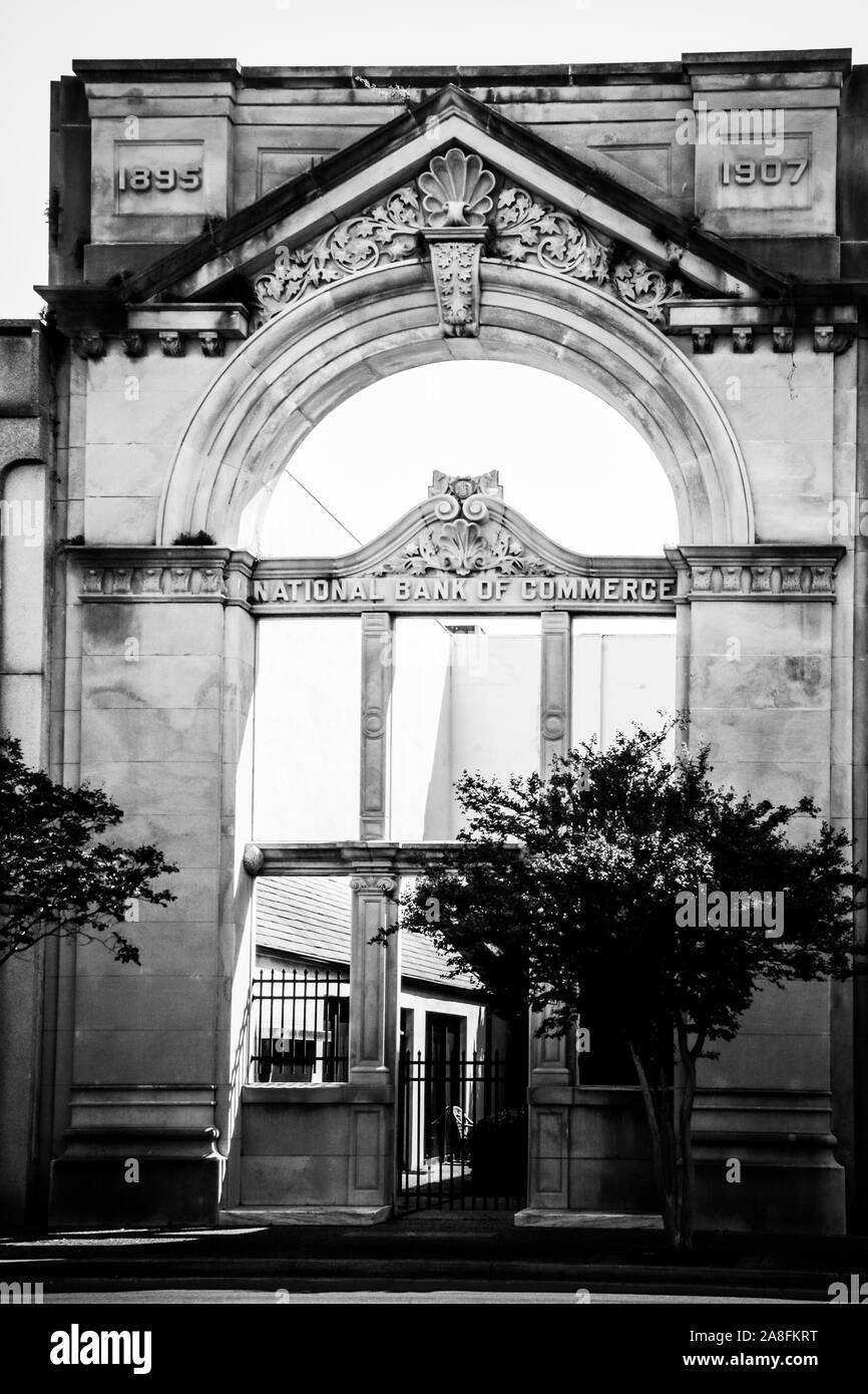 A historical building of Neoclassical design has facade left intact while the remainder of the building was demolished in Hattiesburg, MS, USA Stock Photo