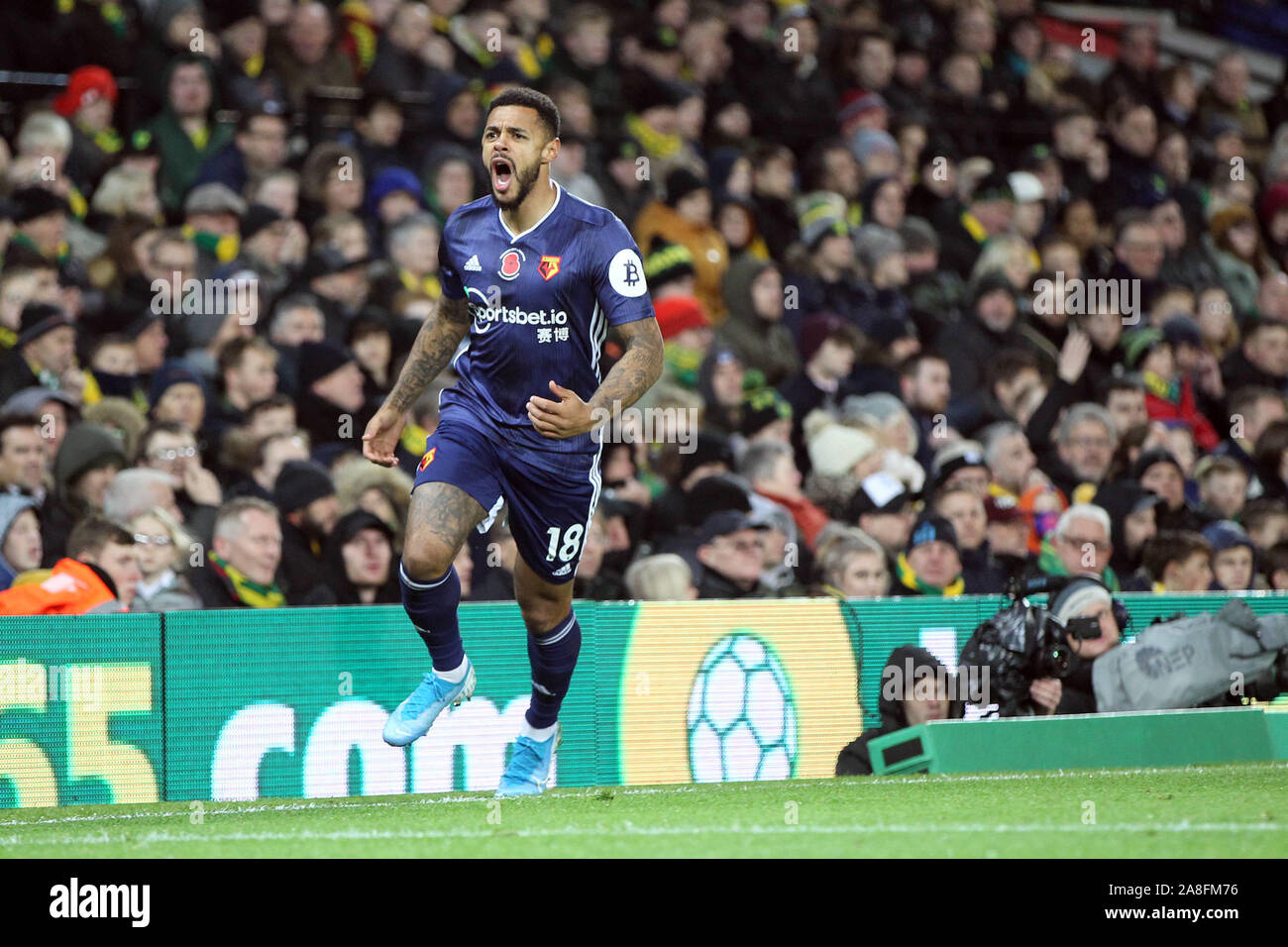 Norwich, UK. 08th Nov, 2019. Andre Gray of Watford celebrates getting the second goal of the game for Watford during the Premier League match between Norwich City and Watford at Carrow Road on November 8th 2019 in Norwich, England. (Photo by Mick Kearns/phcimages.com) Credit: PHC Images/Alamy Live News Stock Photo