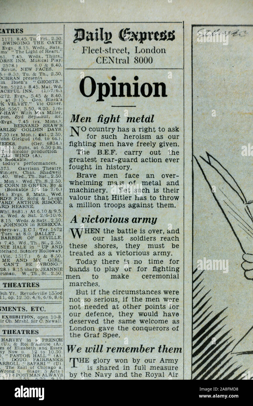 Opinion piece about the Dunkirk evacuation in the Daily Express newspaper (replica) on 31st May 1940. Stock Photo