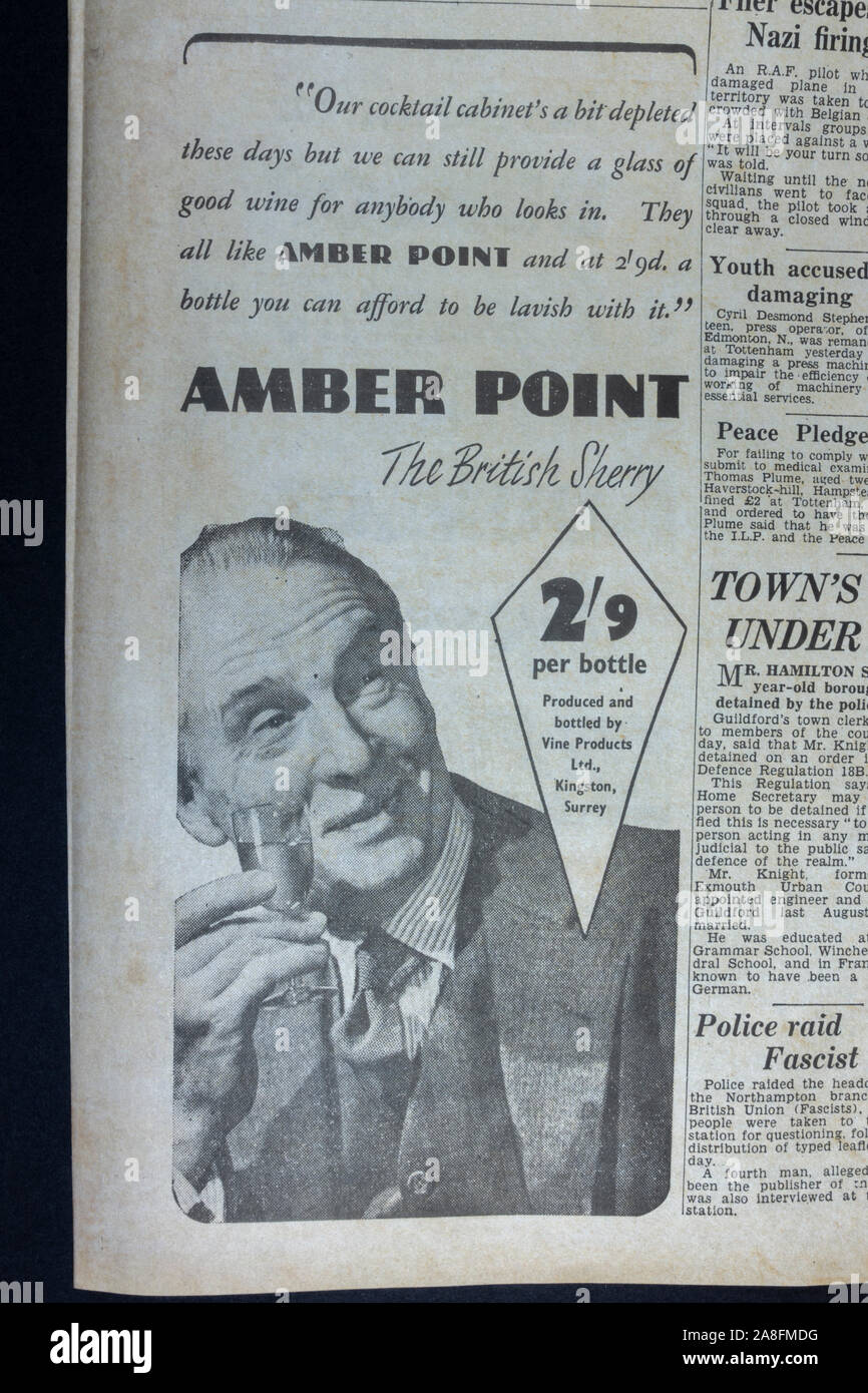 Advert for Amber Point The British Sherry in the Daily Express newspaper (replica) on 31st May 1940 during the Dunkirk evacuation. Stock Photo