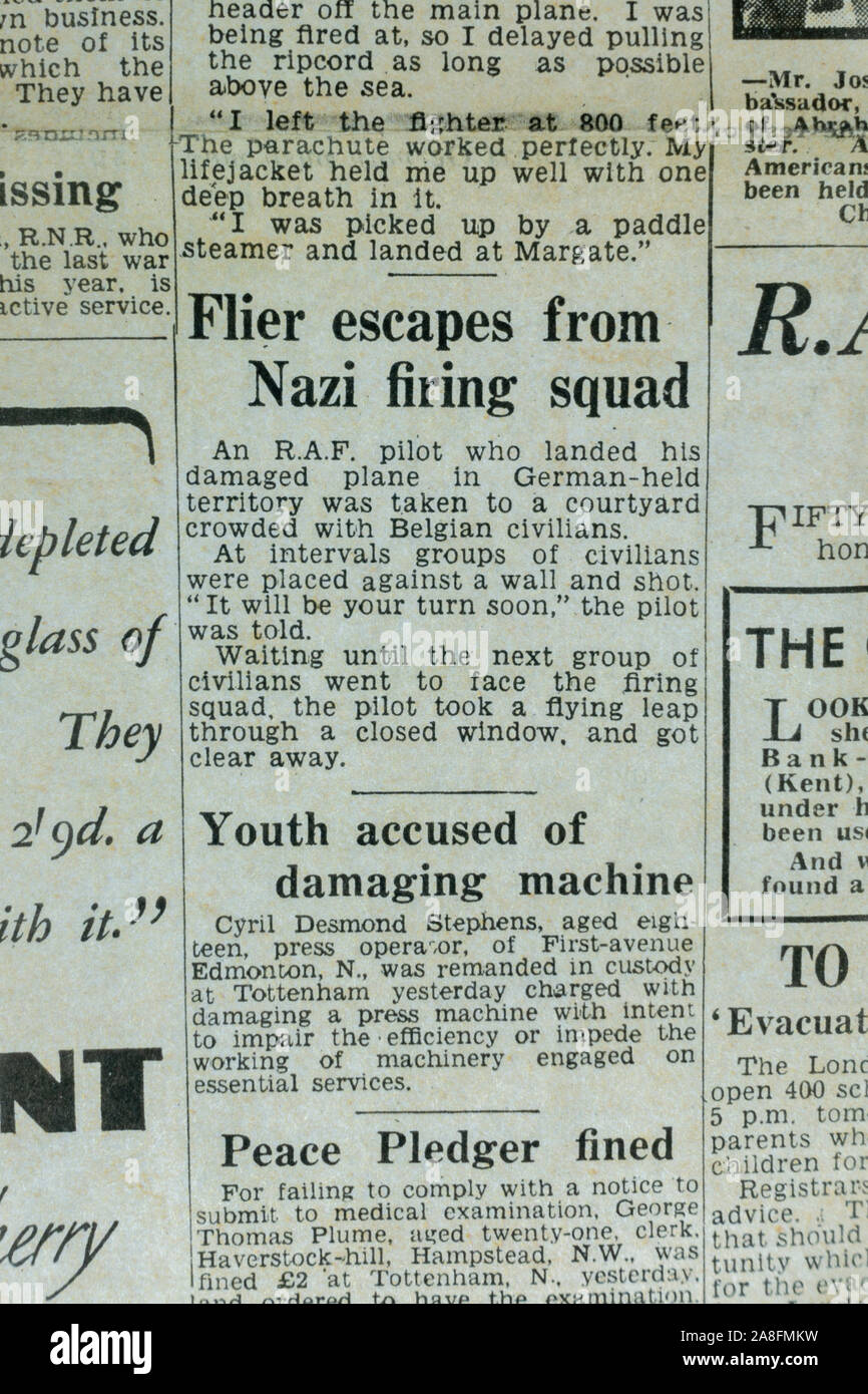 Report of a RAF pilot who escaped execution in the Daily Express newspaper (replica) on 31st May 1940 during the Dunkirk evacuation. Stock Photo