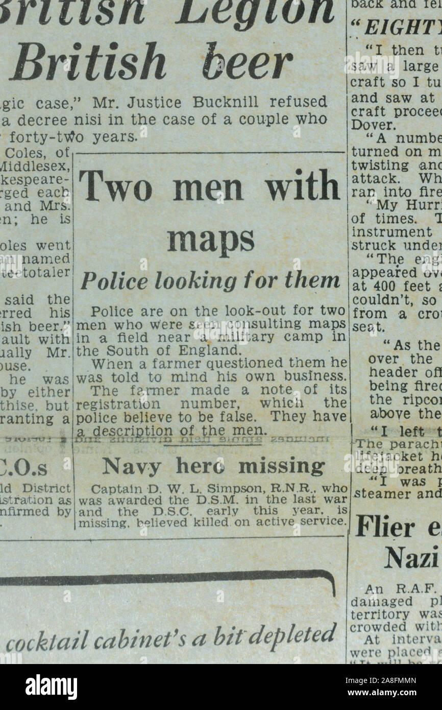 Report of two men being arrested as spies at the start of WWII in the  Daily Express newspaper (replica), 31st May 1940 during the Dunkirk evacuation. Stock Photo