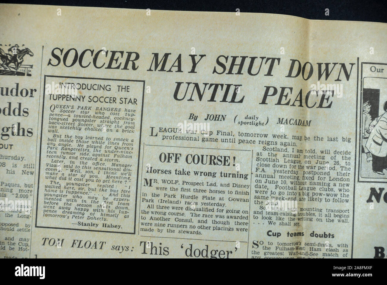 'Soccer may shut down until peace' headline in the Daily Express newspaper (replica) on 31st May 1940 during the Dunkirk evacuation. Stock Photo