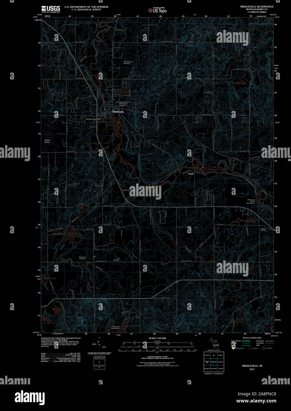 USGS TOPO Map Michigan MI Middleville 20110913 TM Inverted Stock Photo