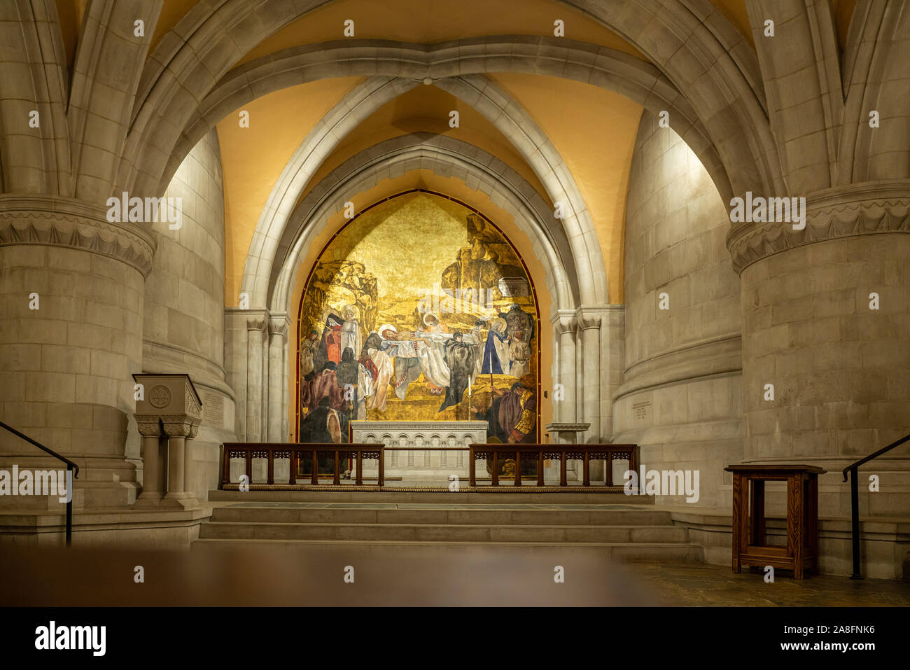 Washington, DC - 4 November 2019: Painting of Jesus above the altar in the crypt chapel of St Joseph of Arimathea Stock Photo