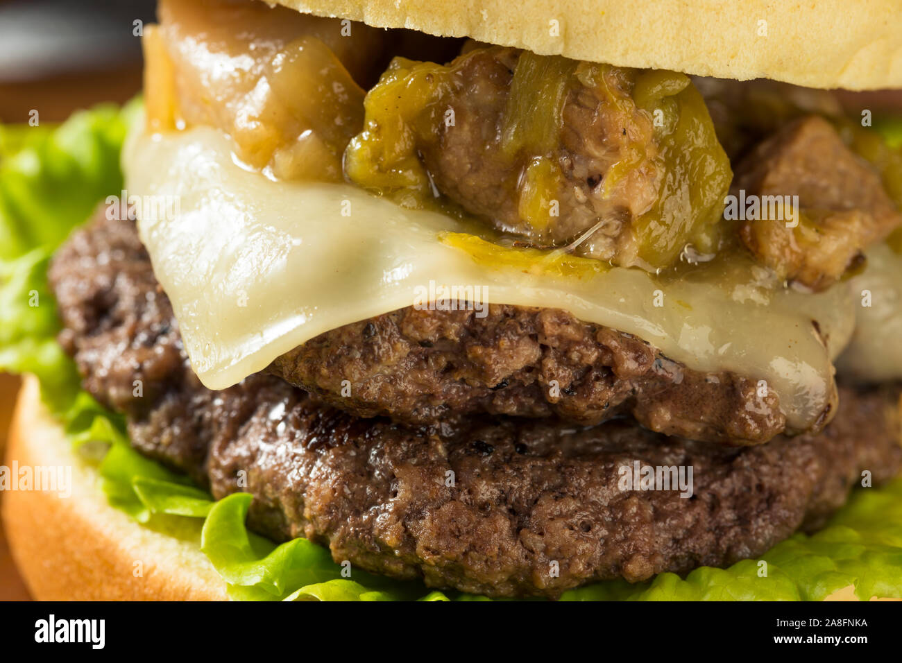 Homemade Colorado Pork Green Chili Hamburger with Cheese Stock Photo