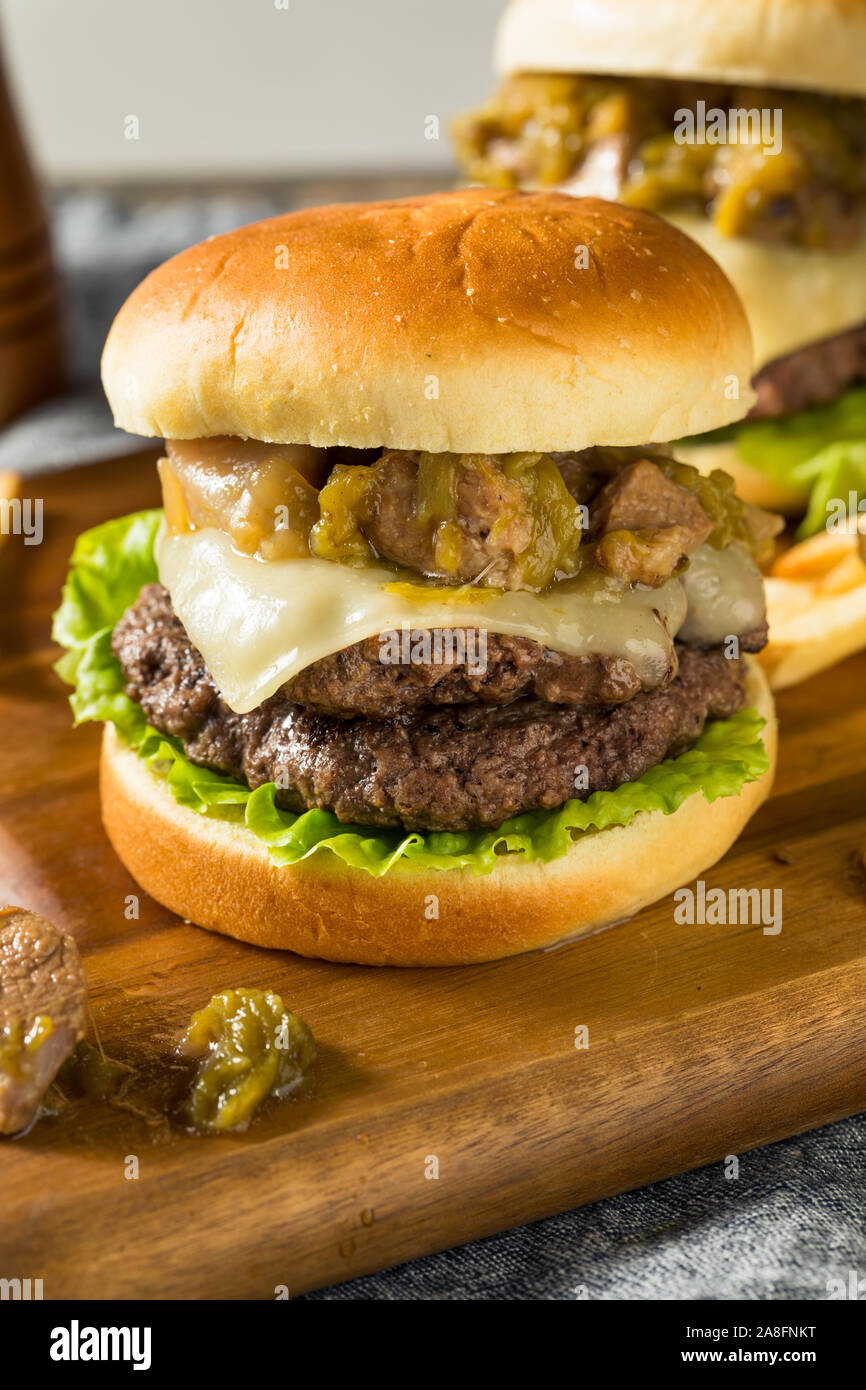 Homemade Colorado Pork Green Chili Hamburger with Cheese Stock Photo