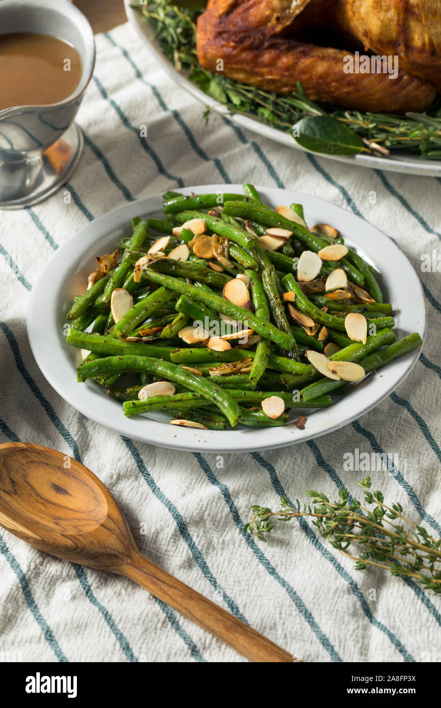 Homemade Sauteed Green Beans with Almonds for Thanksgiving Stock Photo