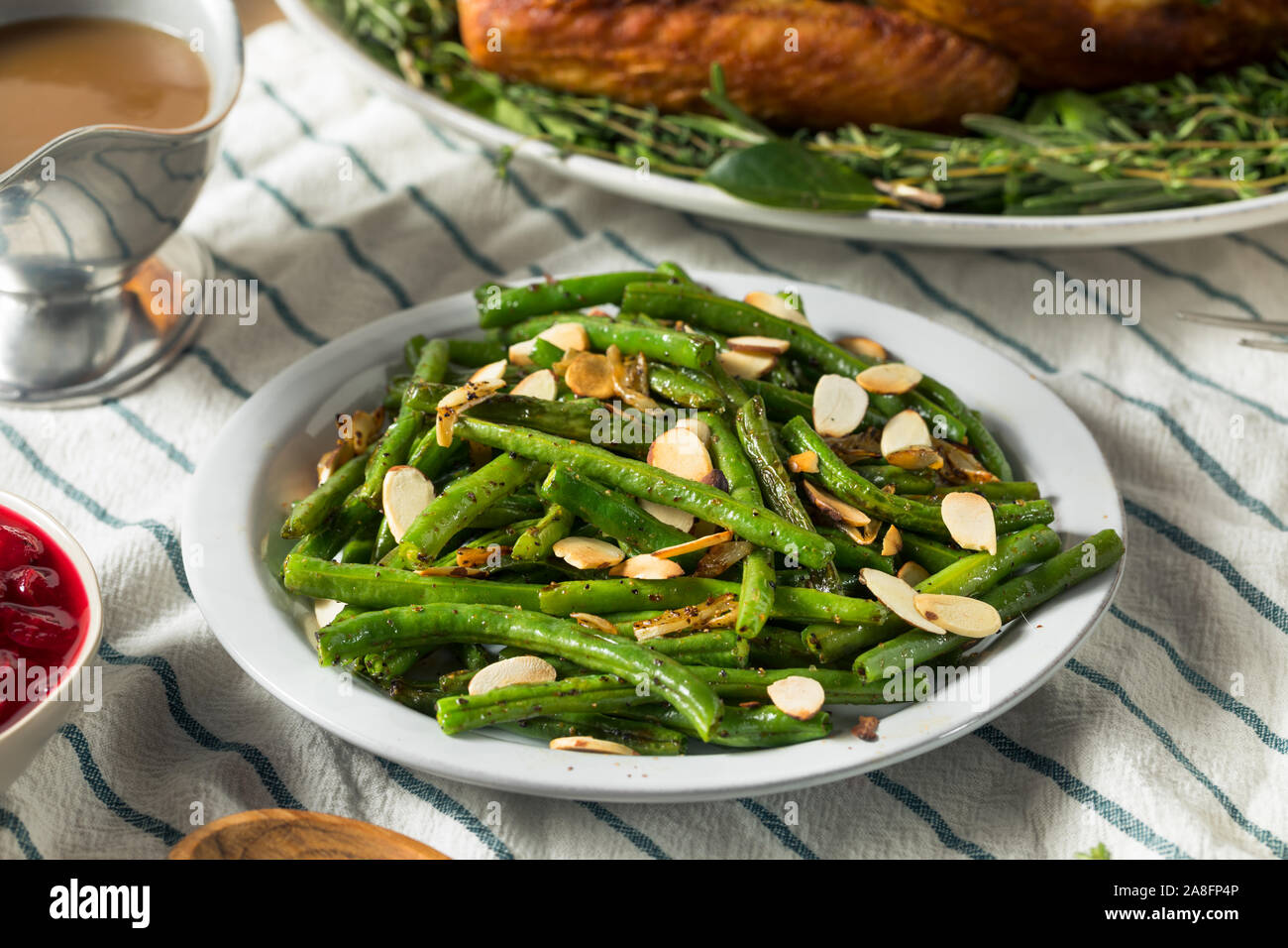 Homemade Sauteed Green Beans with Almonds for Thanksgiving Stock Photo
