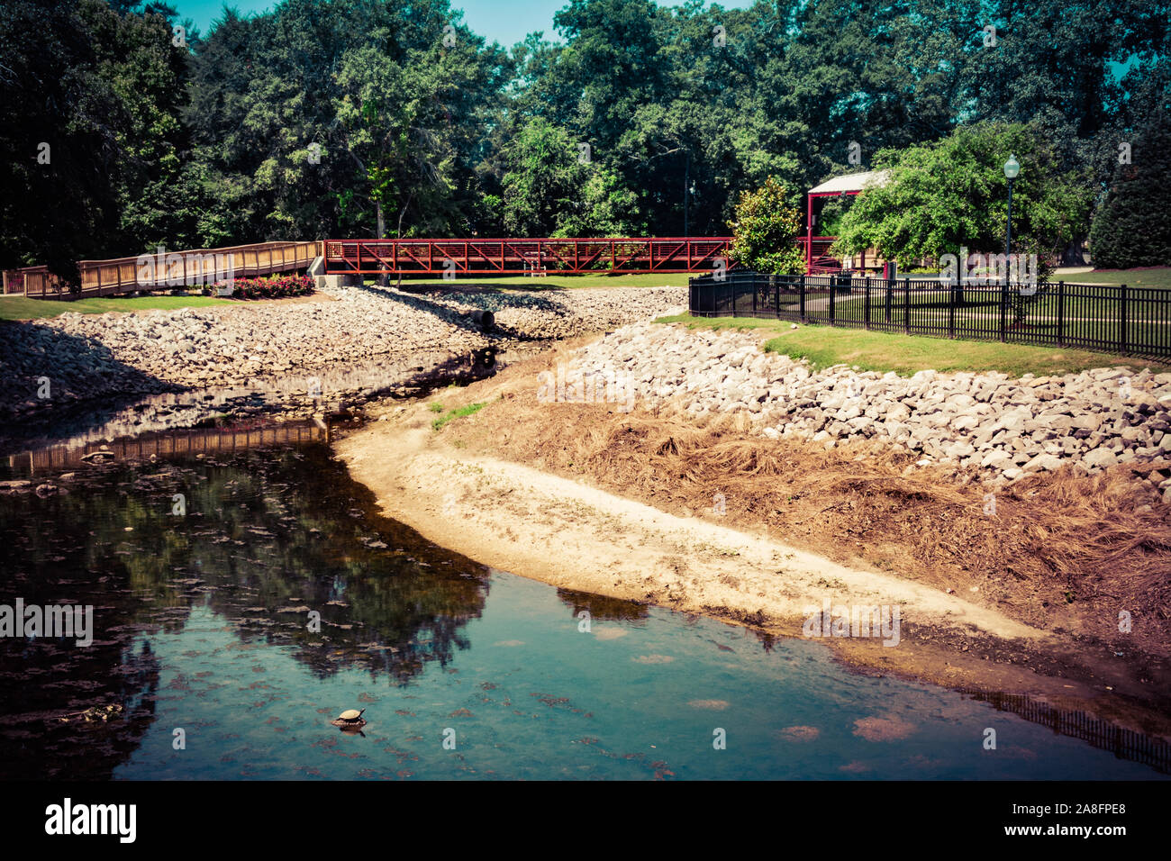 A lovely view across Gordon Creek to a pedestrian bridge and pavilions