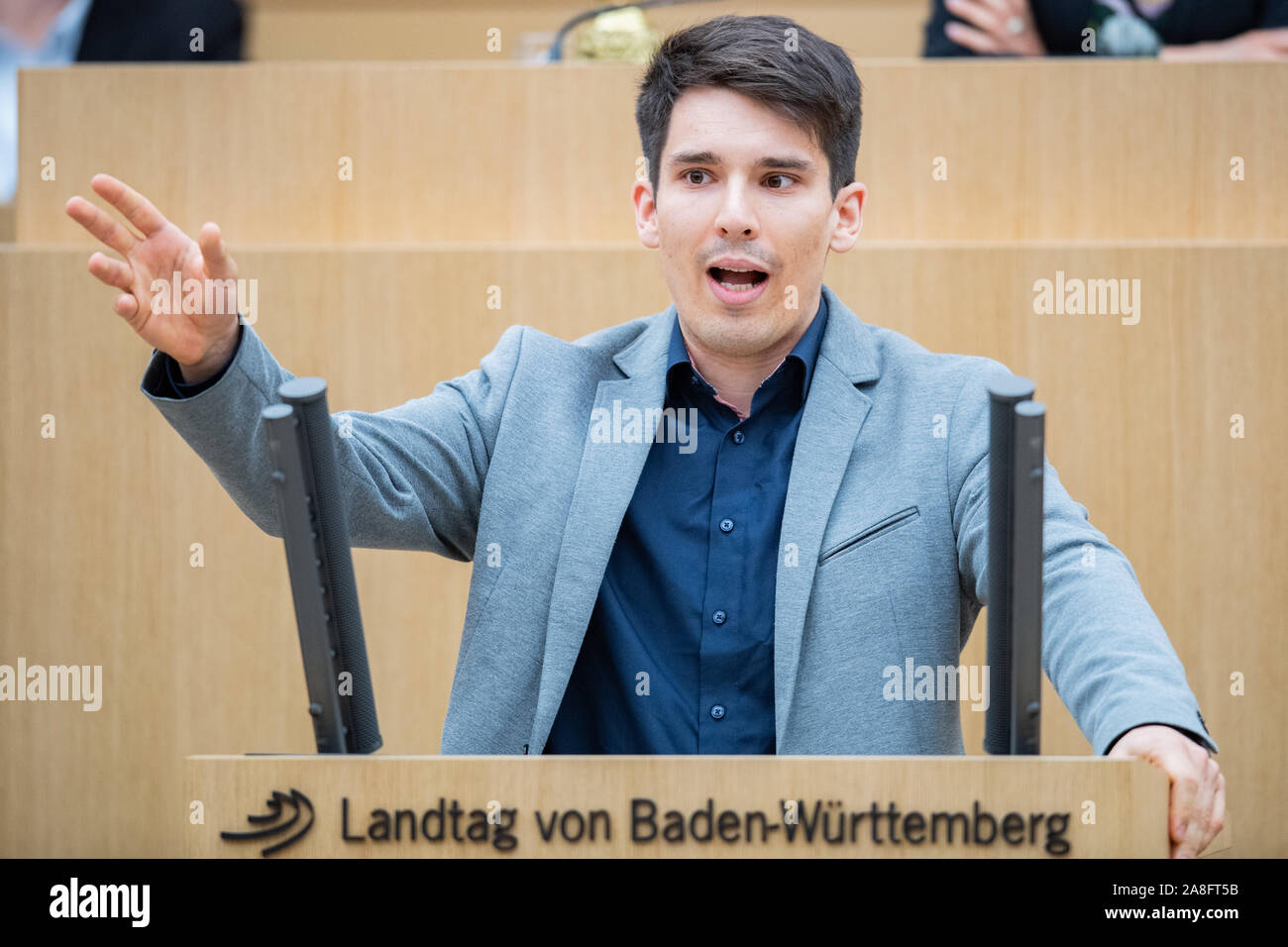 Stuttgart, Germany. 06th Nov, 2019. Alexander Salomon (Bündnis 90/Die  Grünen) speaks during the 102nd session of the Stuttgart state parliament.  One of the topics was a debate on the importance of art