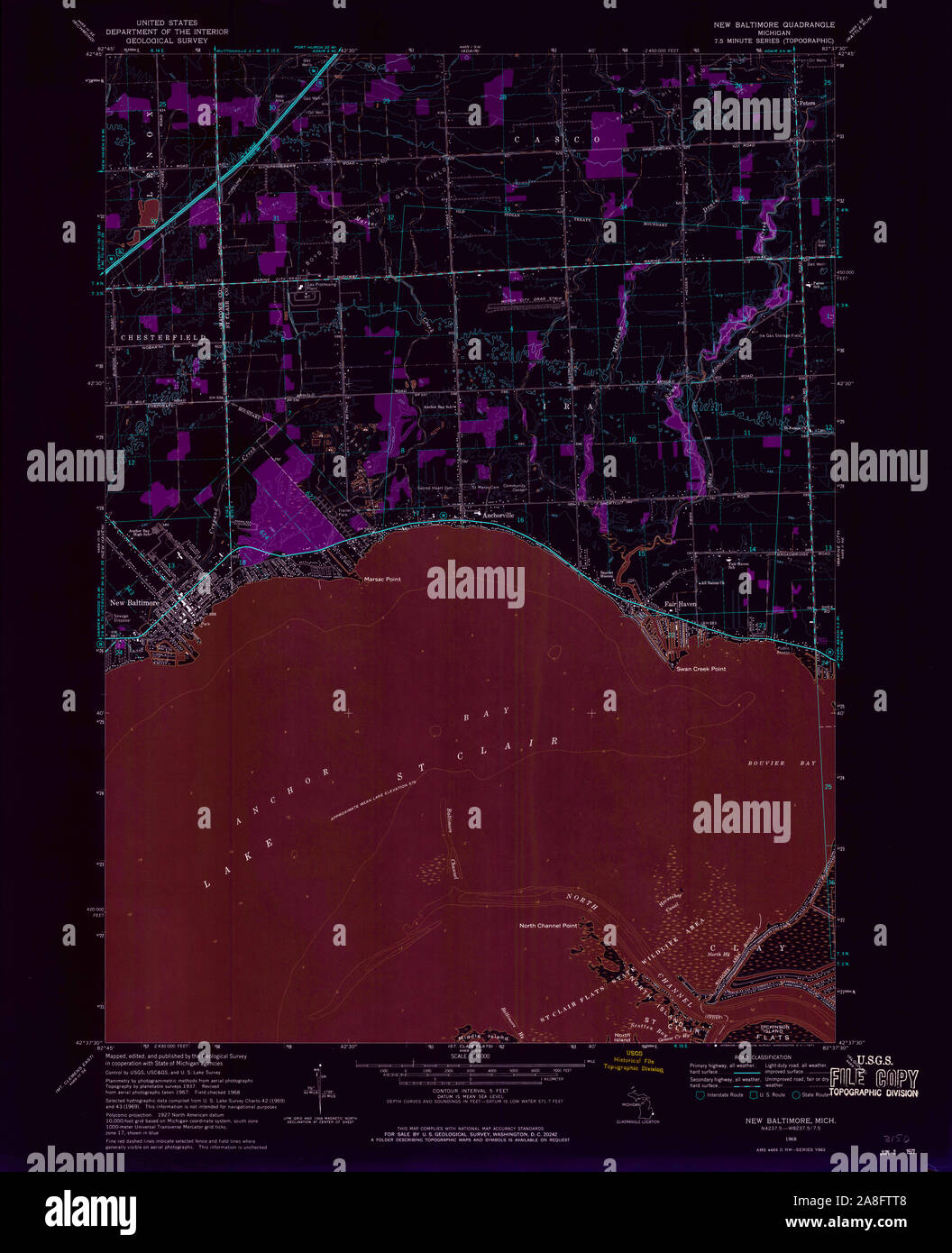 USGS TOPO Map Michigan MI New Baltimore 276789 1968 24000 Inverted Stock Photo