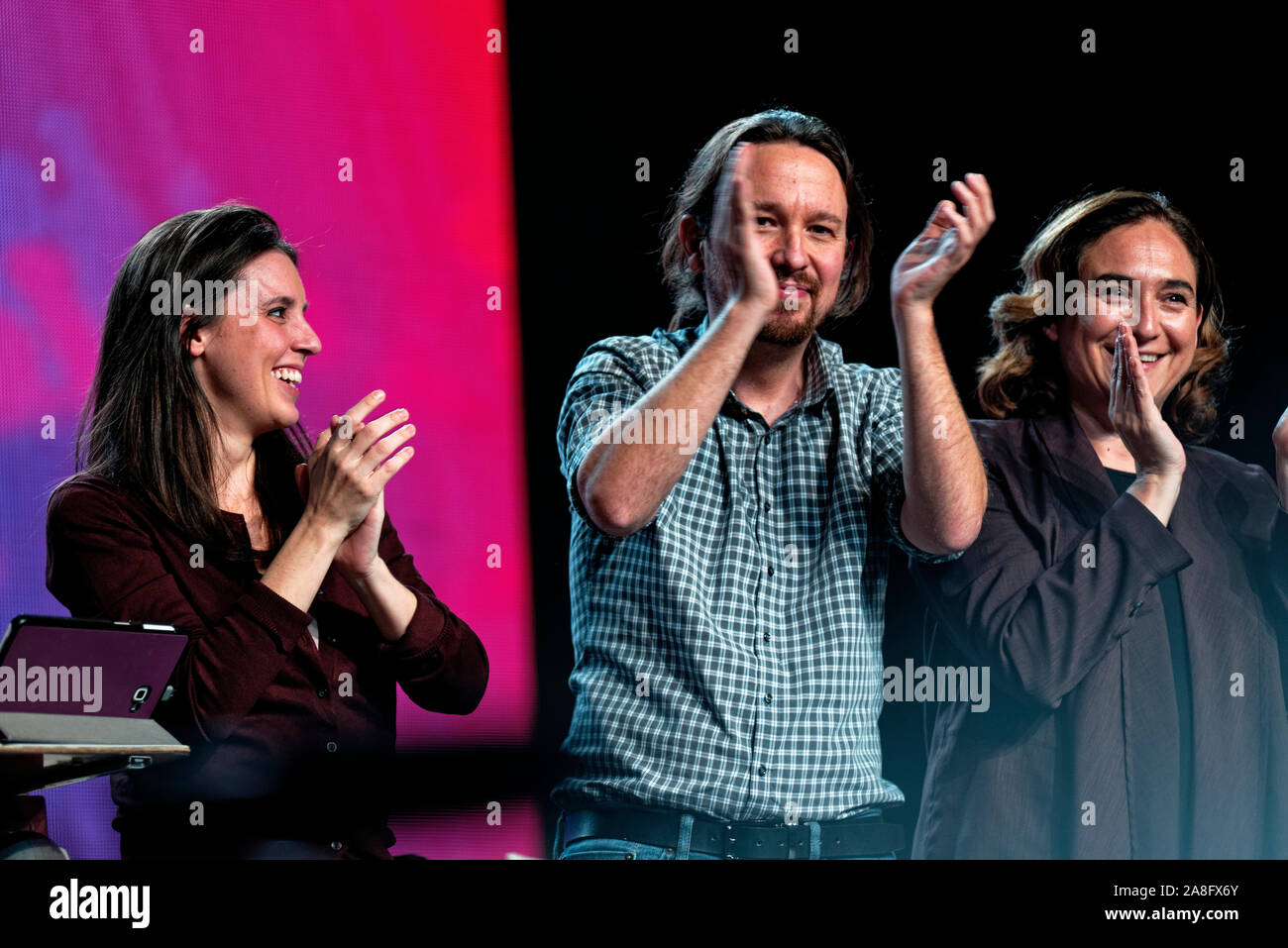 IFEMA, Madrid, Spain. 08th November, 2019. L to R Irene Montero, spokesperson for Unidas Podemos in the Congress of Deputies and candidate for Madrid, Pablo Iglesias, secretary general of Podemos and candidate of Unidas Podemos for the Presidency of the Government, Ada Colau, mayor of Barcelona, at the last event of Unidas Podemos party before the campaign closure for the General Elections in Spain. Credit: EnriquePSans/Alamy Live News Stock Photo