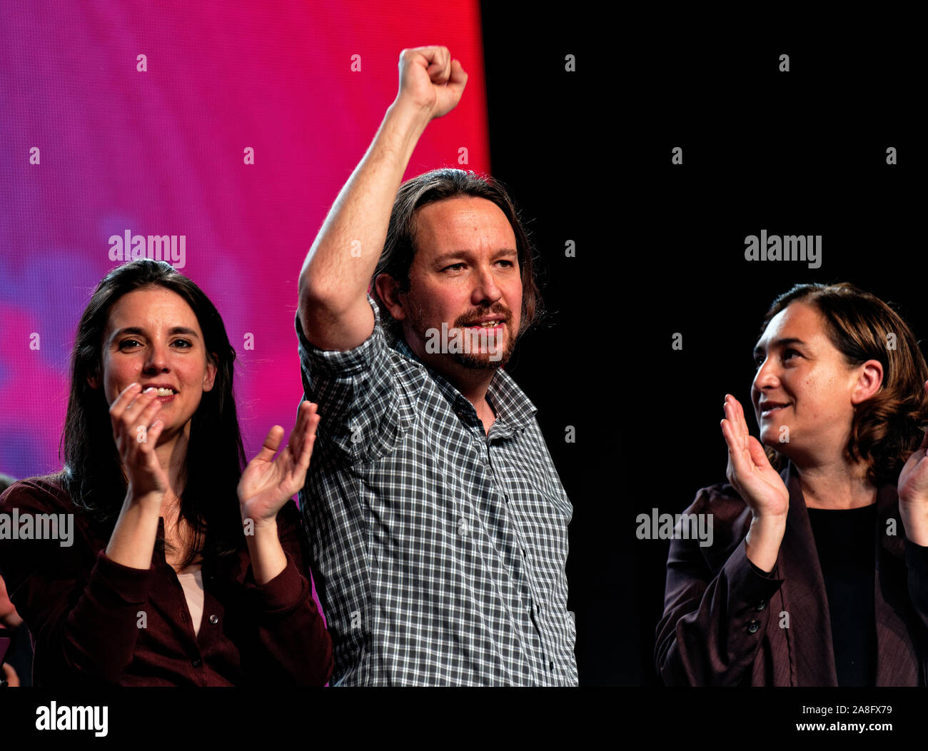 IFEMA, Madrid, Spain. 08th November, 2019. L to R Irene Montero, spokesperson for Unidas Podemos in the Congress of Deputies and candidate for Madrid, Pablo Iglesias, secretary general of Podemos and candidate of Unidas Podemos for the Presidency of the Government, Ada Colau, mayor of Barcelona, at the last event of Unidas Podemos party before the campaign closure for the General Elections in Spain. Credit: EnriquePSans/Alamy Live News Stock Photo