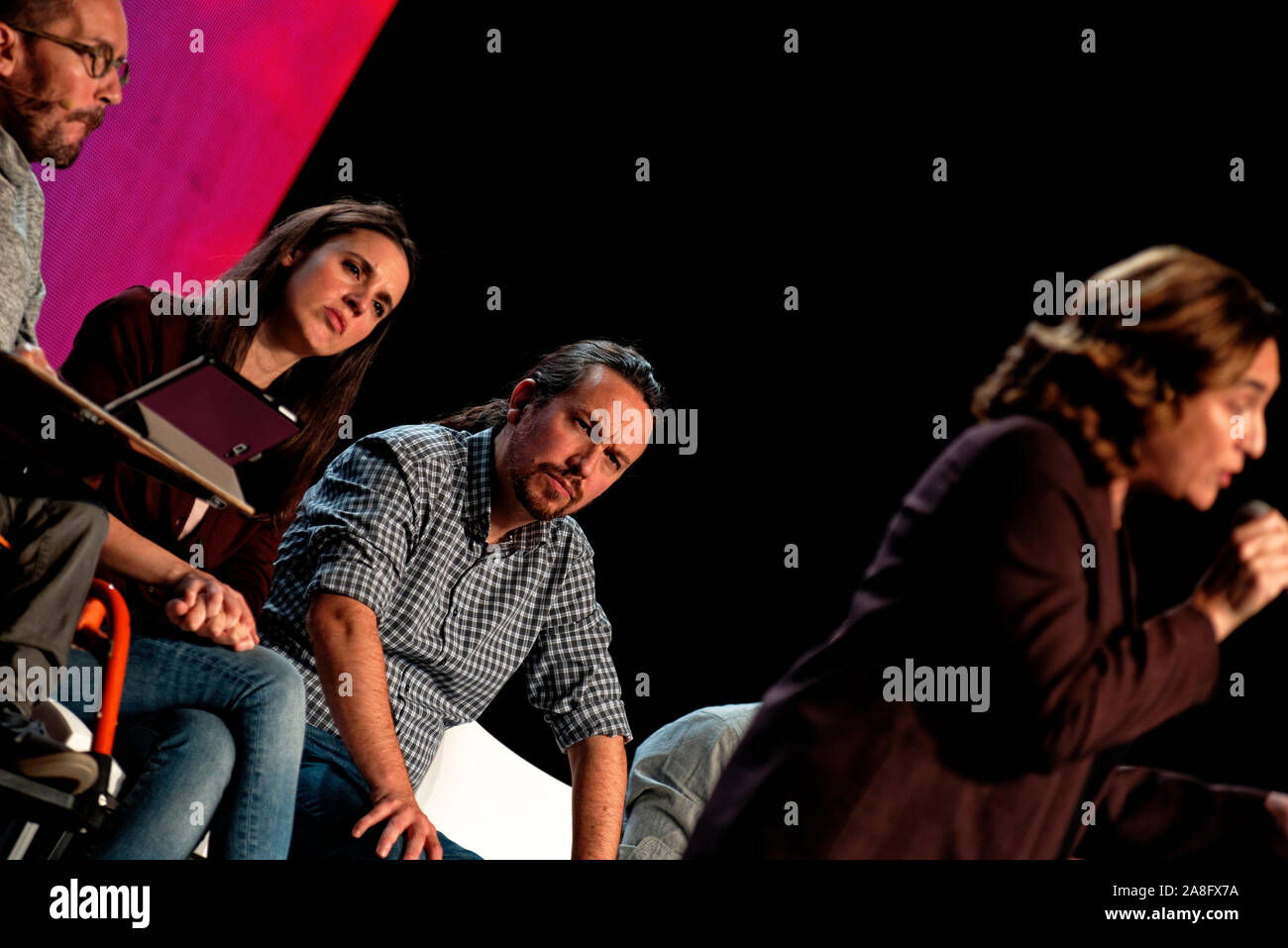 IFEMA, Madrid, Spain. 08th November, 2019. L to  R Pablo Echenique, candidate of Unidas Podemos to the Congress of Deputies for Zaragoza, Irene Montero, spokesperson for Unidas Podemos in the Congress of Deputies and candidate for Madrid, Pablo Iglesias, secretary general of Podemos and candidate of Unidas Podemos for the Presidency of the Government, Ada Colau, mayor of Barcelona, at the last event of Unidas Podemos party before the campaign closure for the General Elections in Spain. Credit: EnriquePSans/Alamy Live News Stock Photo