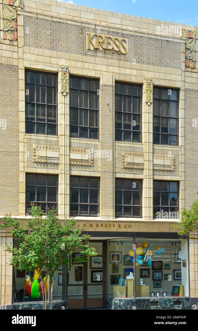 The Art Deco building with a storied past, built by S.H. Kress & Co, now housing the Southern Mississippi Art Association in Hattiesburg, MS, USA Stock Photo
