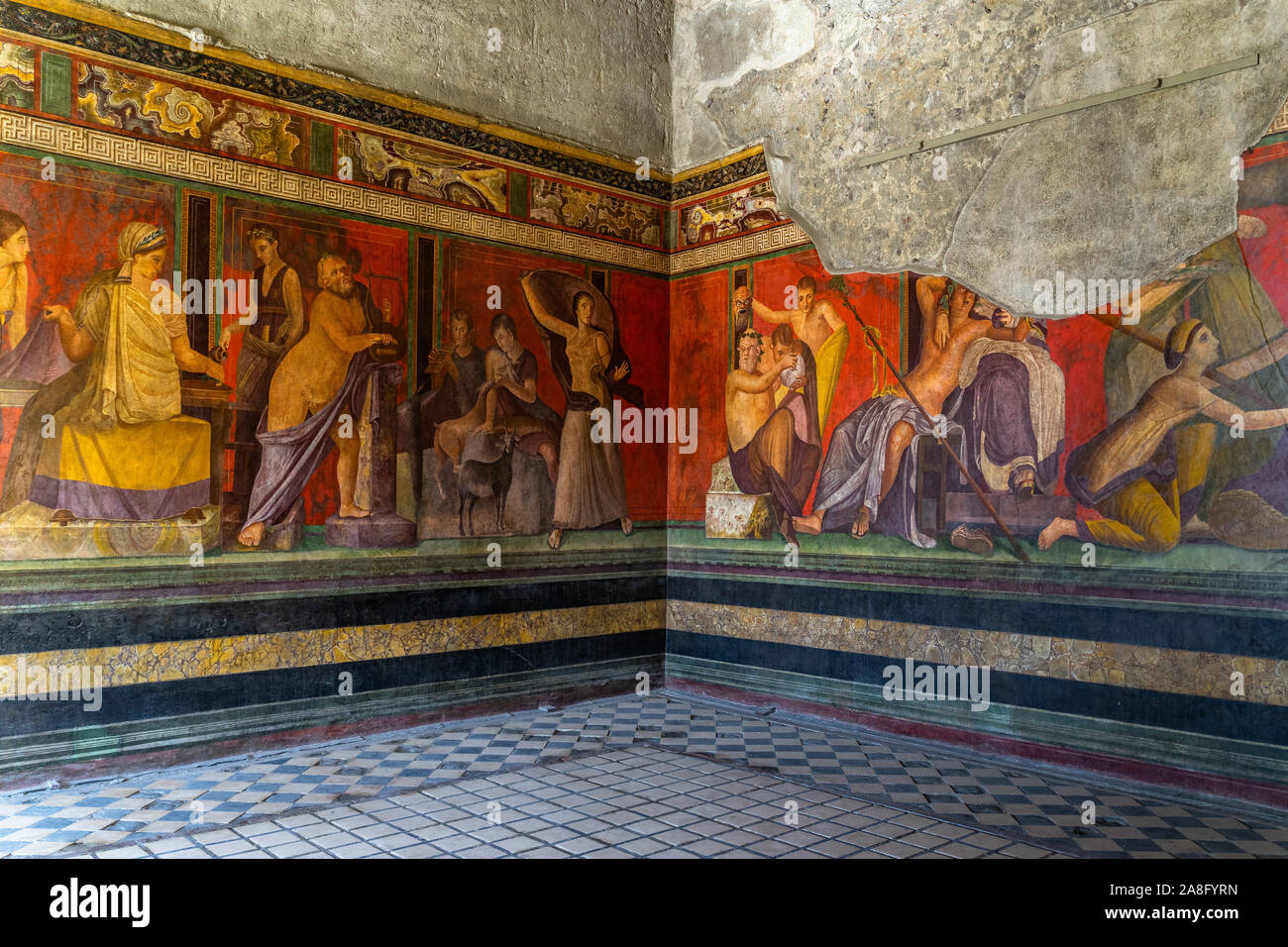 The frescoes of Villa dei Misteri (Villa of the Mysteries), an ancient Roman villa at Pompeii ancient city, Italy Stock Photo