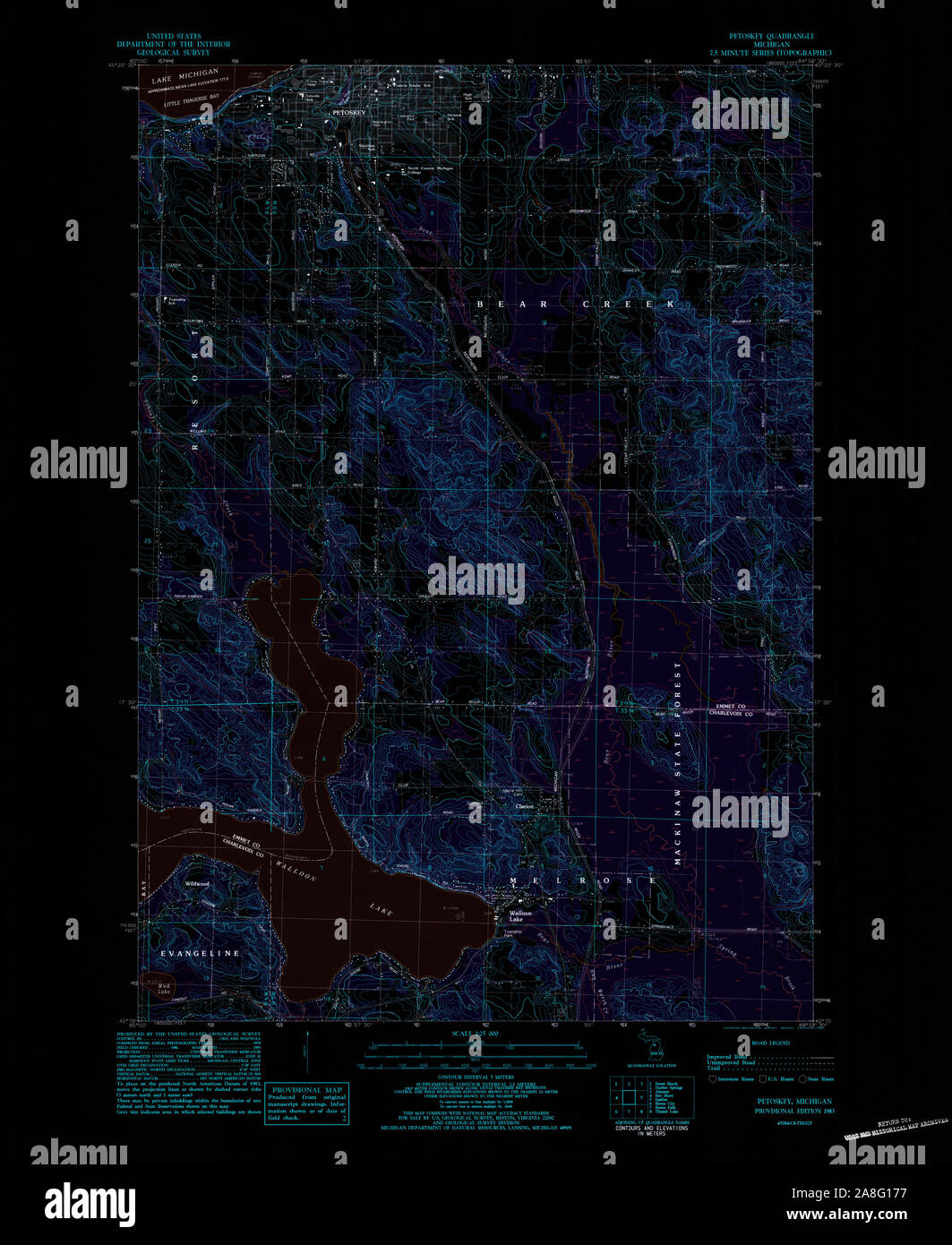 USGS TOPO Map Michigan MI Petoskey 277708 1983 25000 Inverted Stock Photo