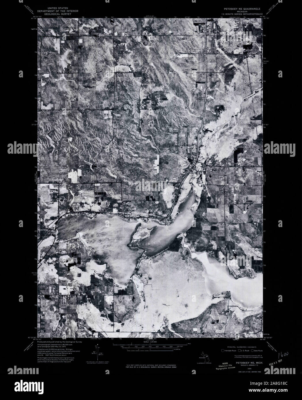 USGS TOPO Map Michigan MI Petoskey NE 276932 1975 24000 Inverted Stock Photo