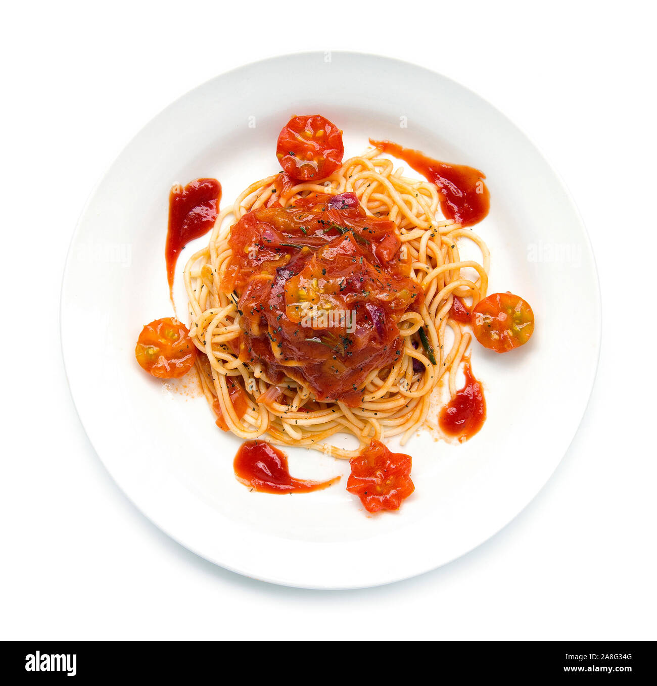 Spaghetti Bolognese and tomato sauce with fresh tomato carved