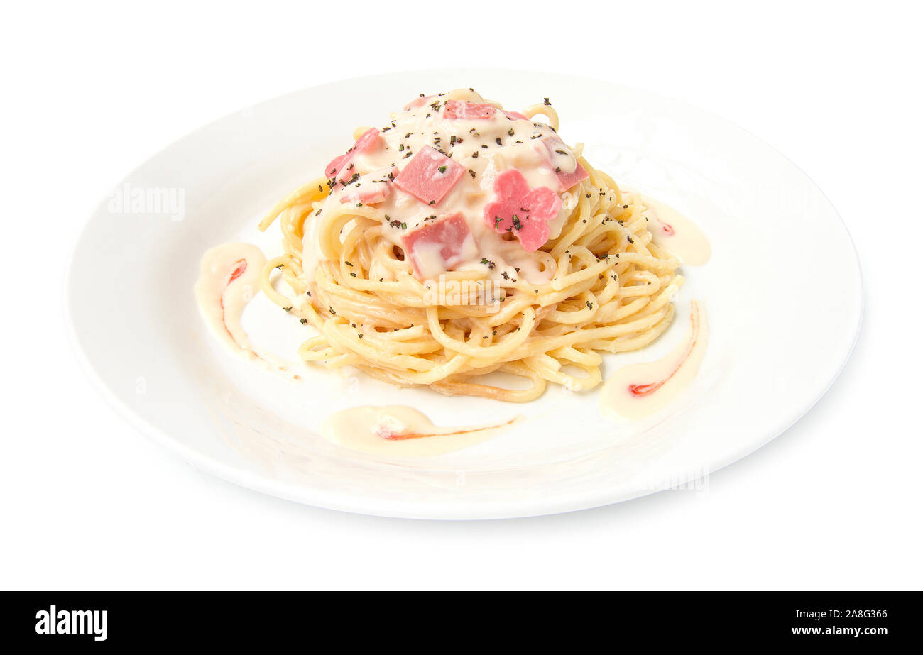 Spaghetti Carbonara onion and mushroom cream sauce with ham traditional