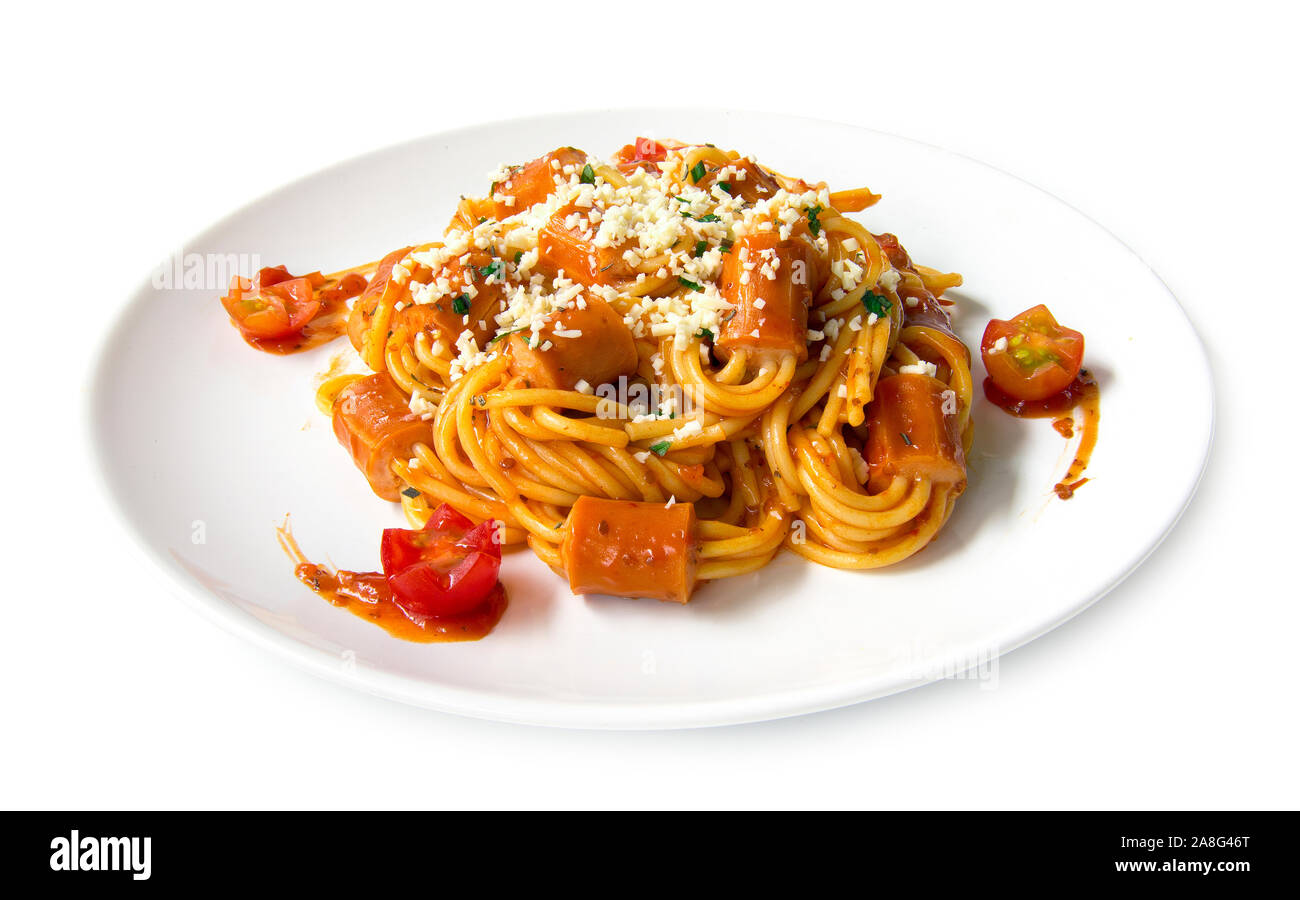 Spaghetti Bolognese with saucesage in tomato sauce topped chopped leaf