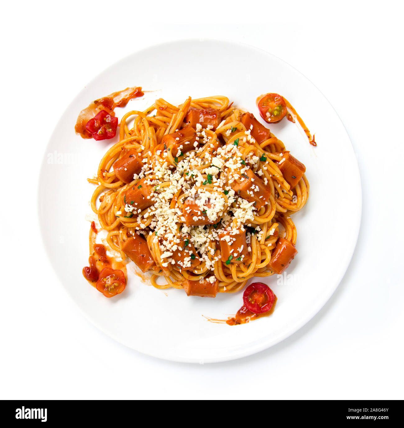 Spaghetti Bolognese with saucesage in tomato sauce topped chopped leaf