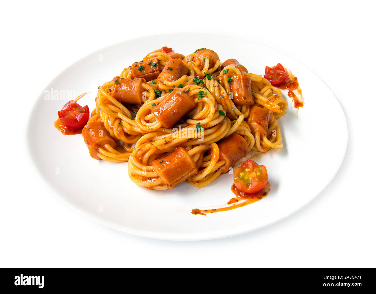 Spaghetti Bolognese with saucesage in tomato sauce topped chopped leaf