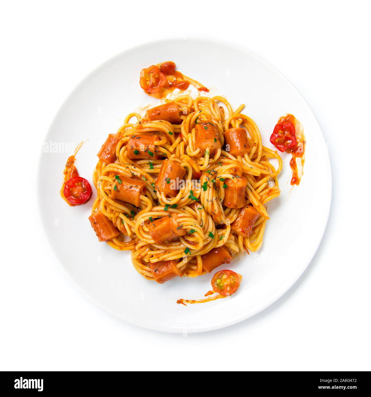 Spaghetti Bolognese with saucesage in tomato sauce topped chopped leaf