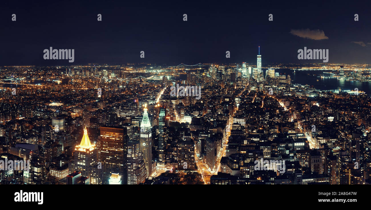 New York City downtown skyline panorama night view Stock Photo - Alamy