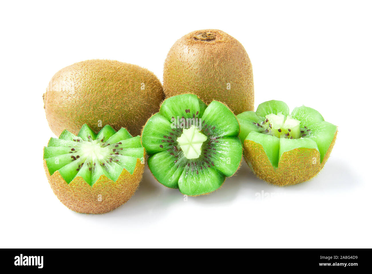 Kiwi fresh carved flower style fruit for healthy,diet high vitamin C side view isolated on white