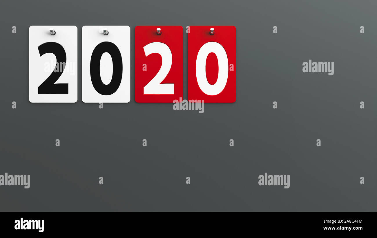 Plates 2020 on grey wall, represents the new year 2020, three-dimensional rendering, 3D illustration Stock Photo