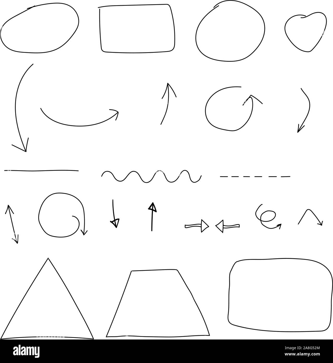 arrows circles and abstract doodle writing design vector on white background. set business doodles. Stock Vector