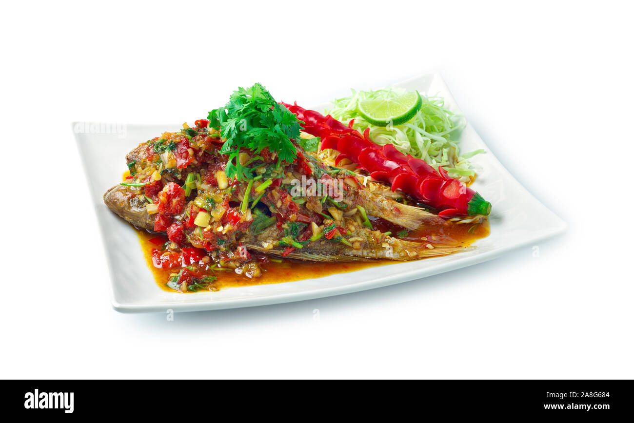 Fried Fish with sweet chili sauce Thai spicy food style decorate with