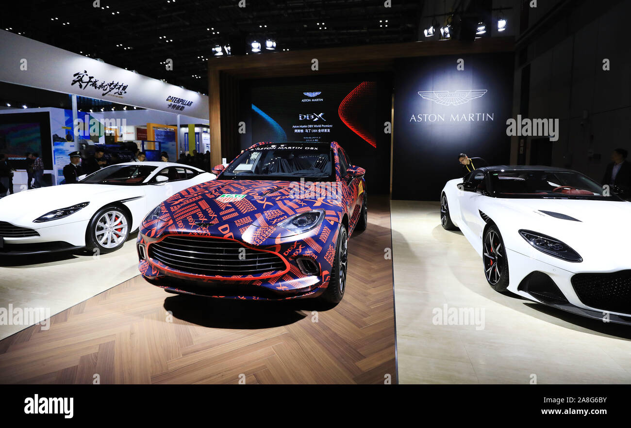 Shanghai. 8th Nov, 2019. Photo taken on Nov. 8, 2019 shows an Aston Martin DBX car at the Equipment exhibition area during the second China International Import Expo (CIIE) in Shanghai, east China. Intelligent and high-end manufacturing solutions make the Equipment exhibition area a highlight at the second CIIE. Various kinds of products, such as public service vessels, draglines, precision machine tools, micro chips, softwares, etc., are displayed by companies who are seeking business opportunities in the Chinese market. Credit: Fang Zhe/Xinhua/Alamy Live News Stock Photo