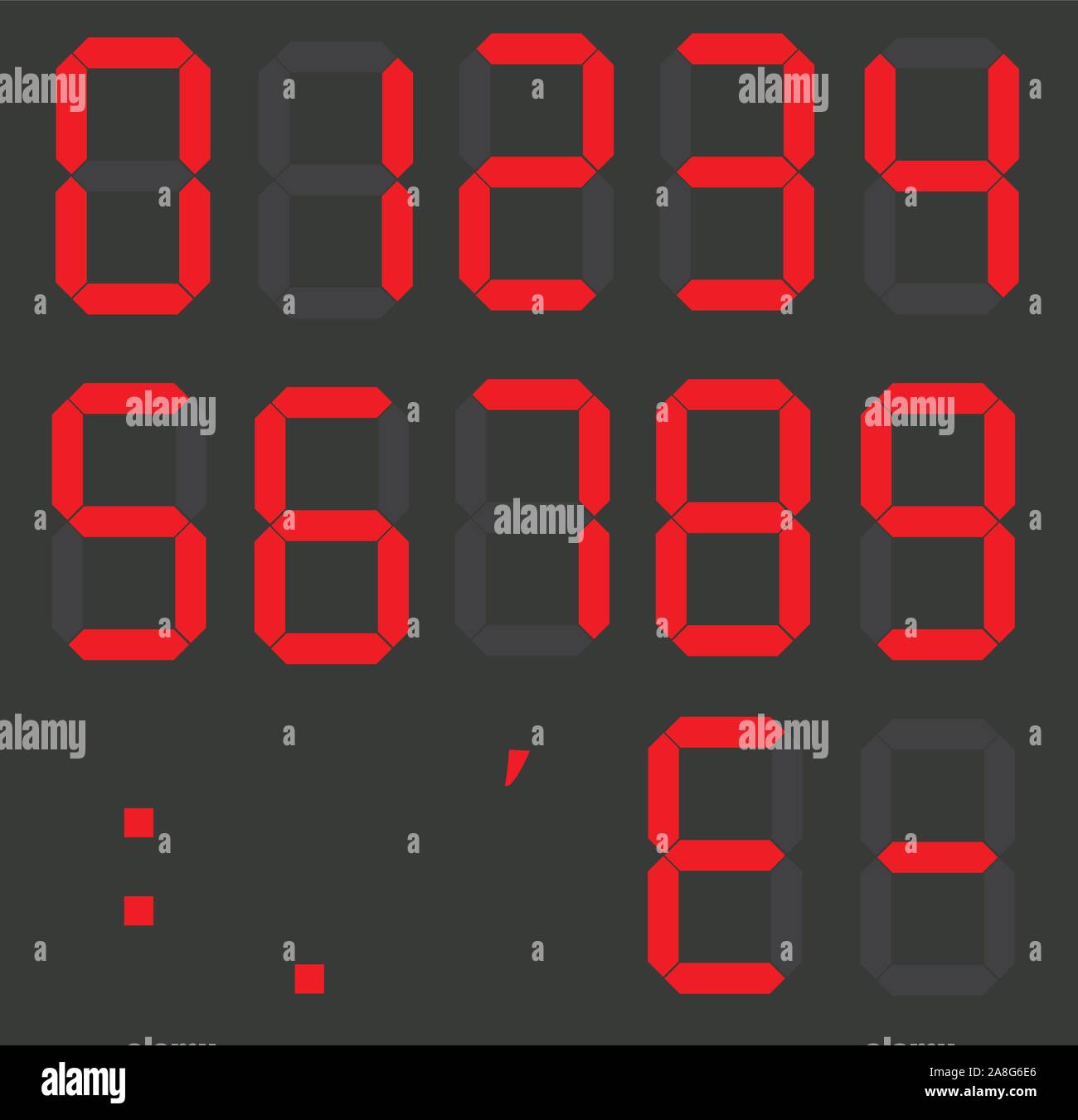 set of calculator digital numbers. electronic figures. LCD digital number. red clock digital. Stock Vector