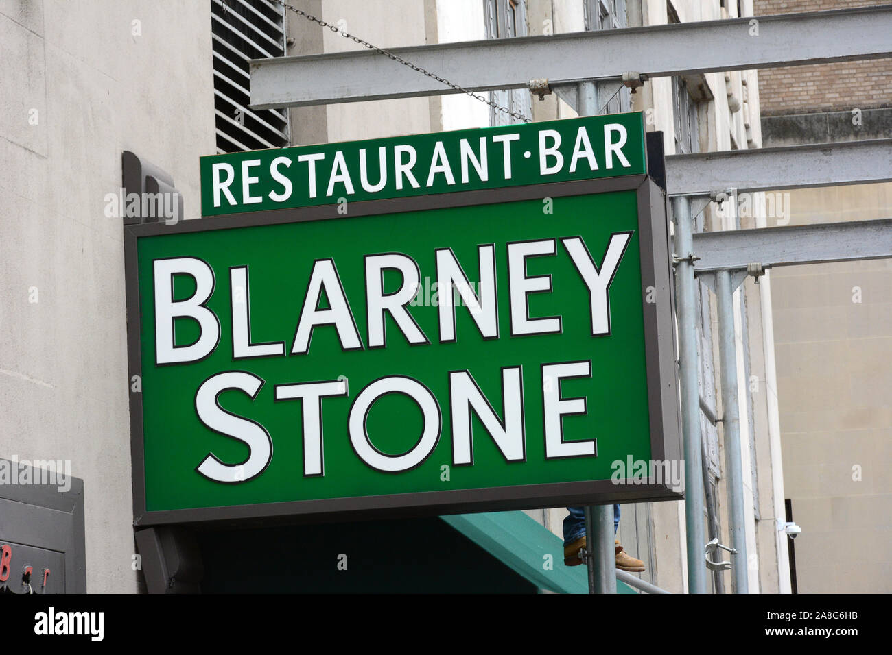 NEW YORK, NY - 05 NOV 2019: Sign at the Blarney Stone Restaurant and Bar in Lower Manhattan, an Irish watering hole. Stock Photo