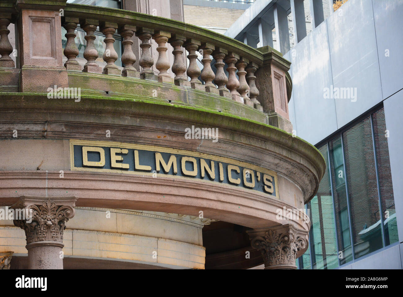 NEW YORK, NY - 05 NOV 2019: Sign above Delmonico’s Restaurant located at 56 Beaver Street has been renovated to assume the opulence of its early years Stock Photo