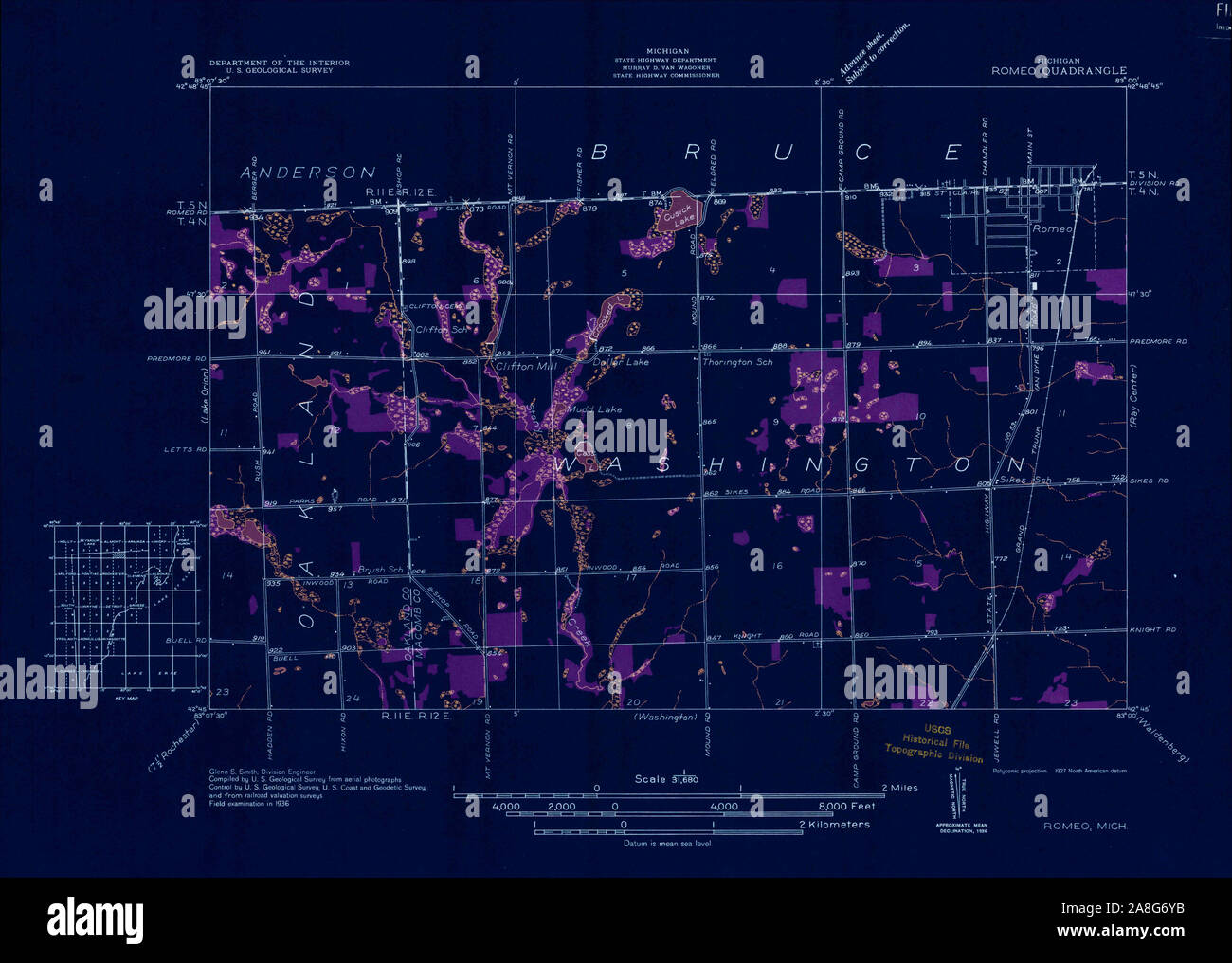 USGS Topographic Map of Romeo, Michigan from 1936
