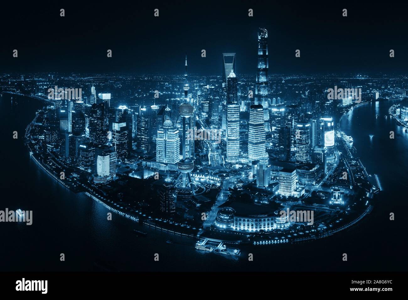 Shanghai Pudong aerial night view from above with city skyline and ...