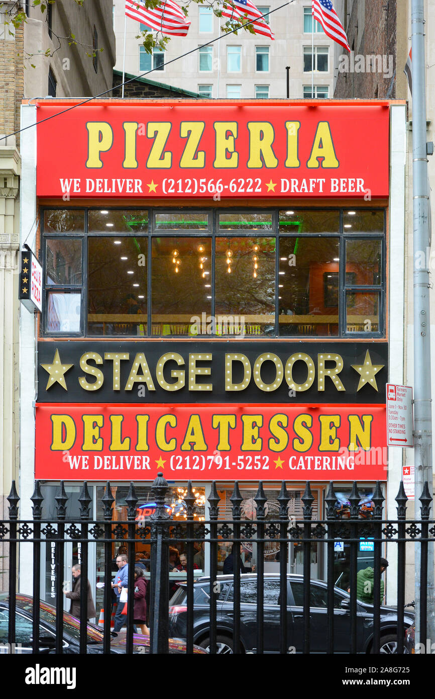 NEW YORK, NY - 05 NOV 2019: Stage Door Delicatessen on Vesey Street in Manhattan, seen from St. Pauls Churchyard. Stock Photo