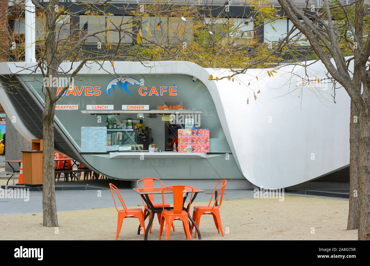 NEW YORK, NY - 05 NOV 2019: Waves Cafe in Amsterdam Pavilion in Battery Park City is an organic, eco-friendly, and modern restaurant. Stock Photo