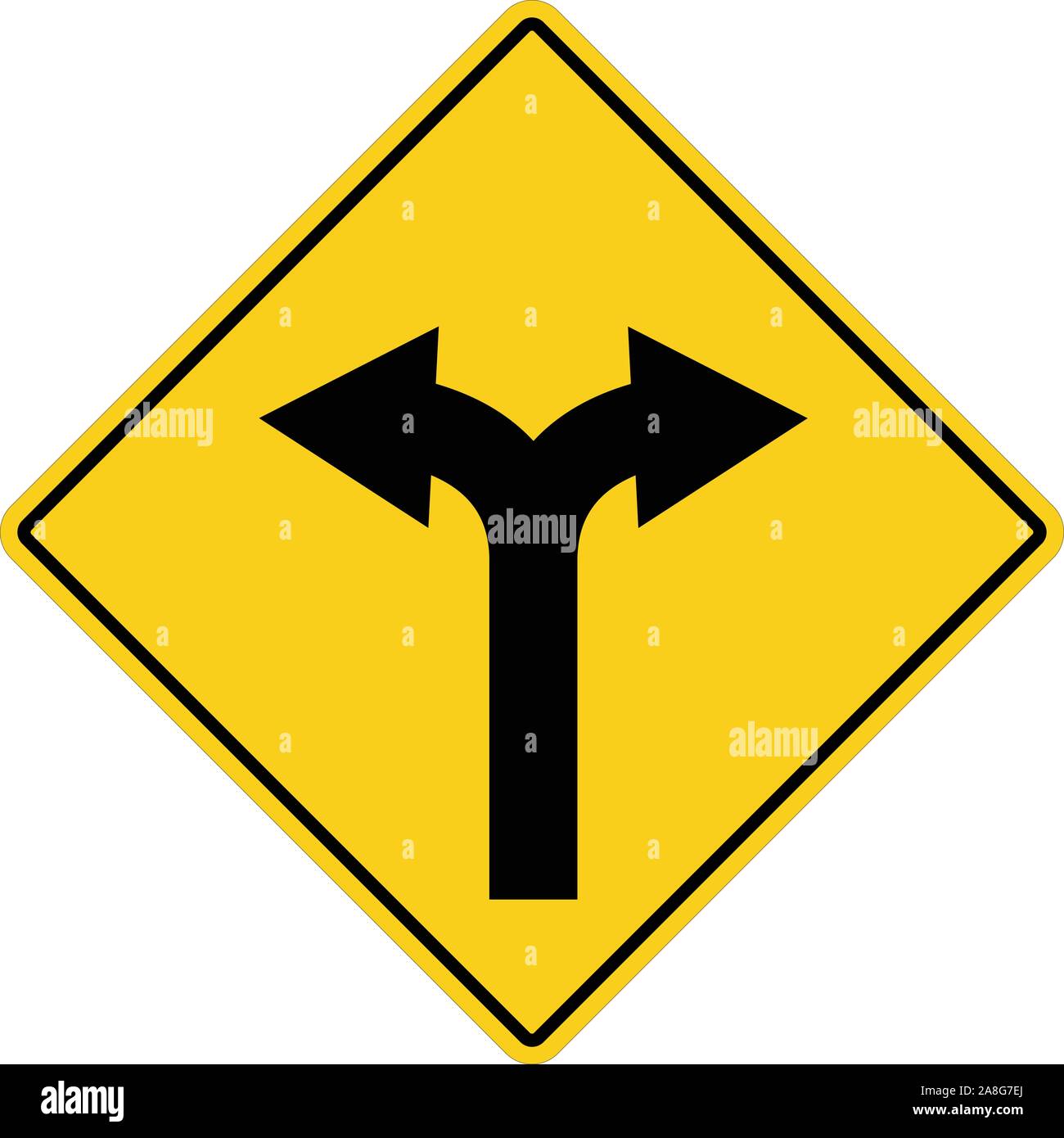 yellow sign with two arrows. fork road yellow warning symbol. two