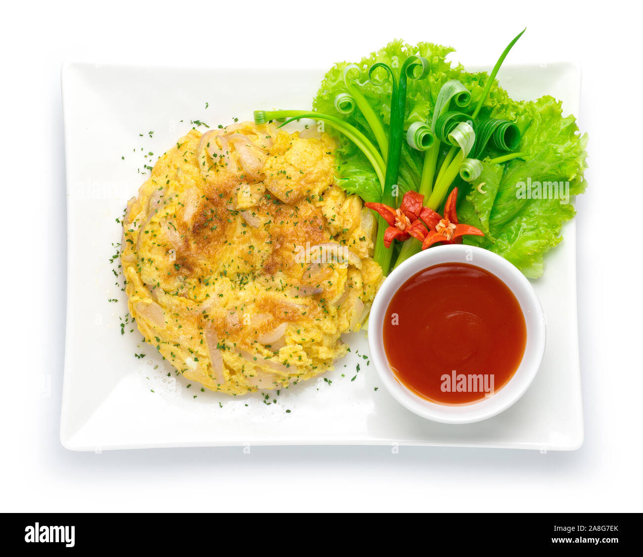Omelette fried eggs pancake fusion Thai food style inside dish decorate