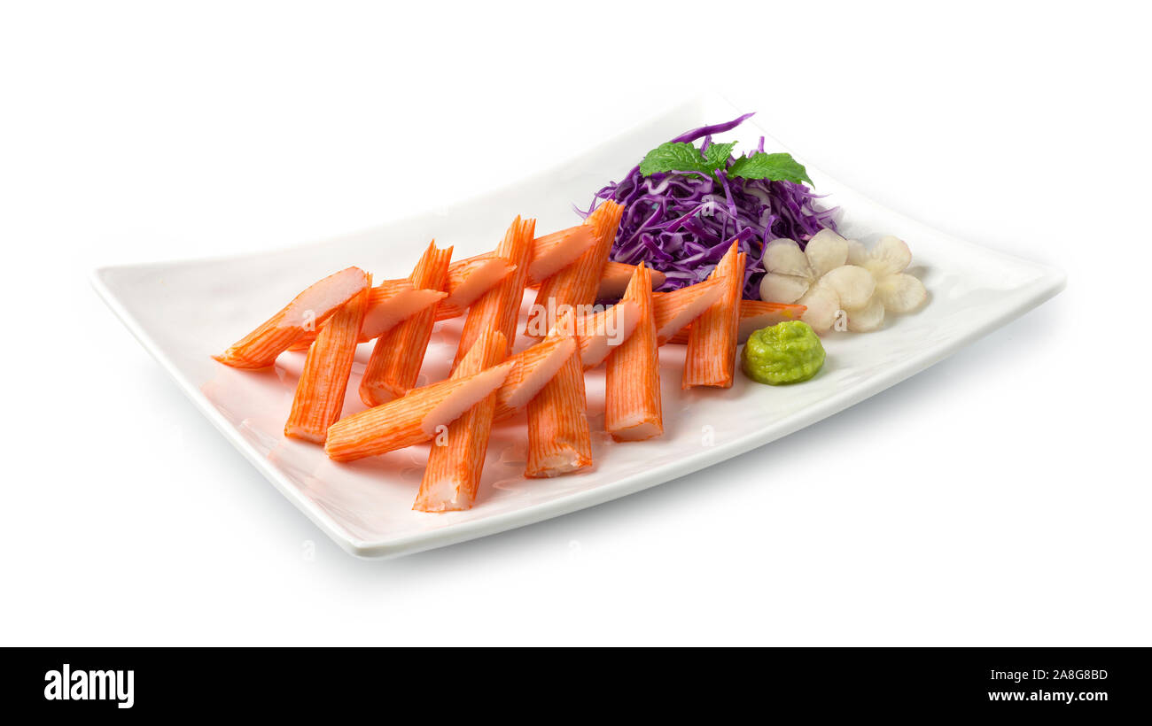 Crab Stick Set Appetizer dish with Wasabi decorate with purple cabbage