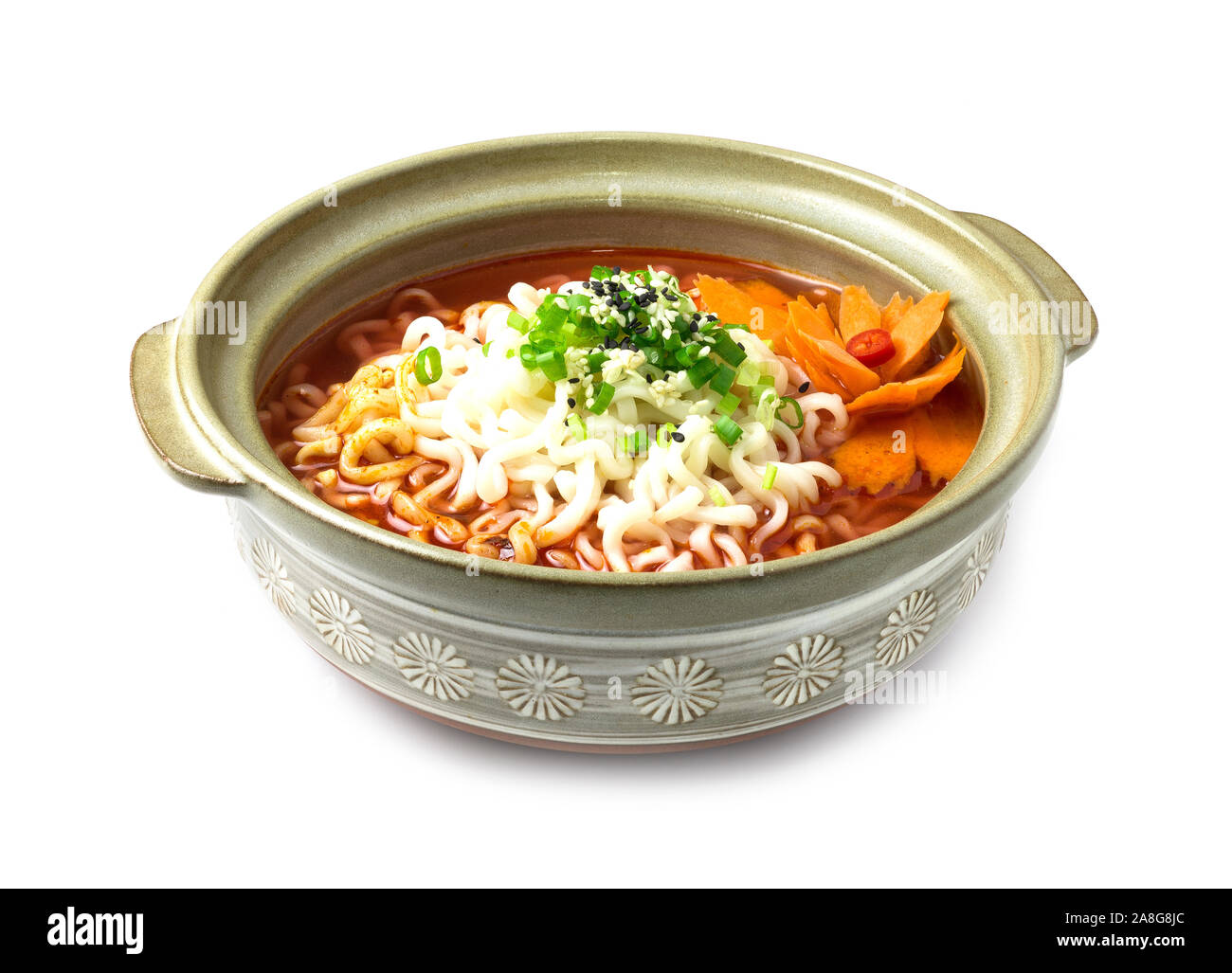 Noodles in Kimchi spicy Soup Korean food style on top spring onion and