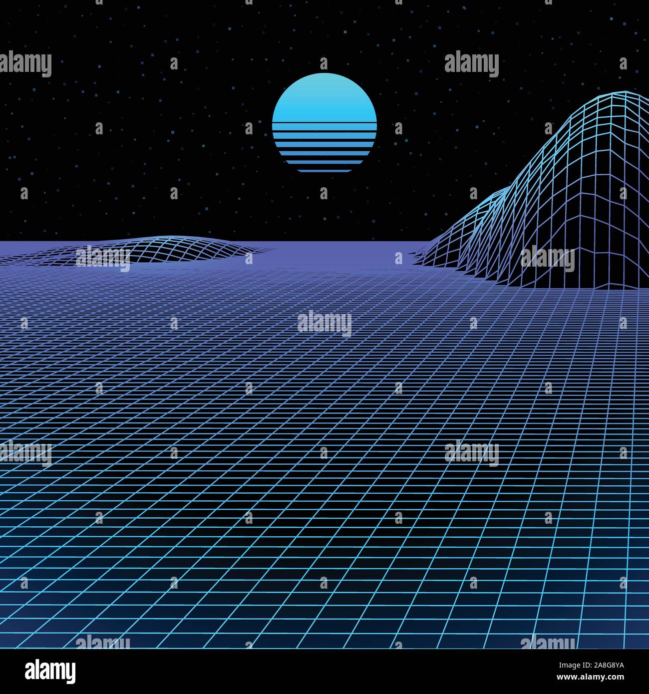 Landscape with wireframe grid of 80s styled retro computer game or ...