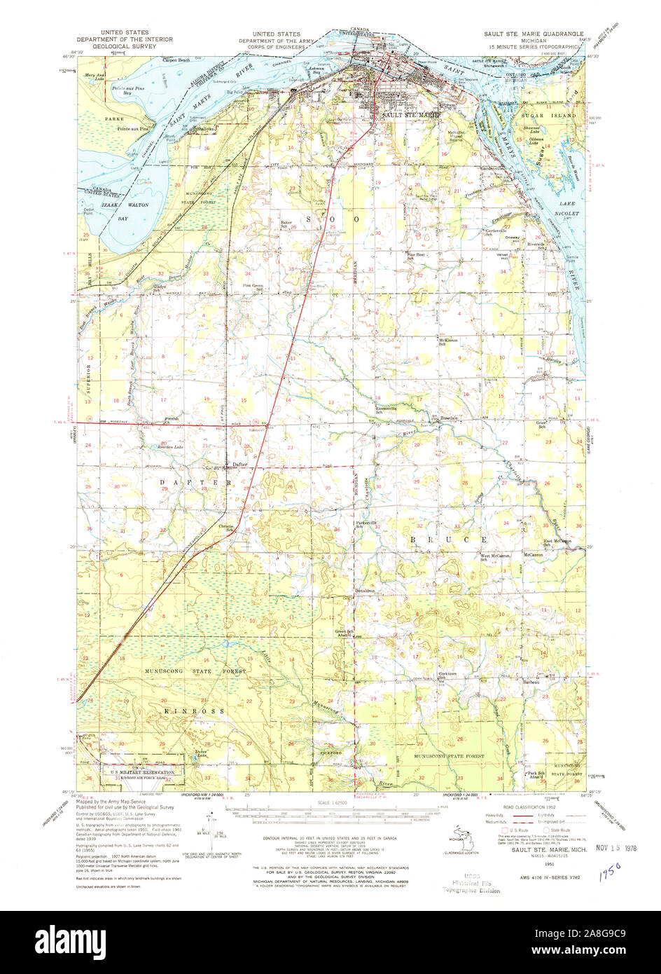 USGS TOPO Map Michigan MI Sault Ste Marie 278483 1951 62500 Stock Photo