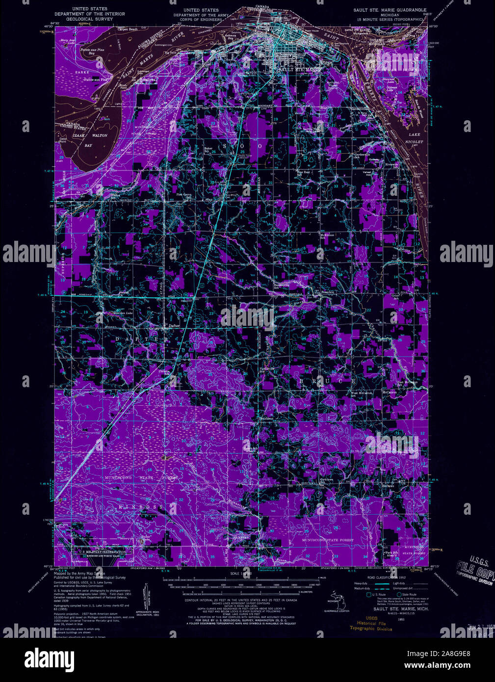 USGS TOPO Map Michigan MI Sault Ste Marie 278484 1951 62500 Inverted Stock Photo