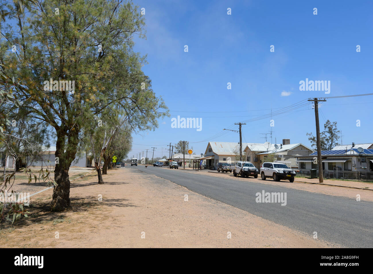 Deserted main street of the small rural Outback town of Carinda, near